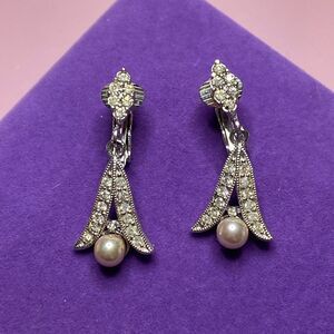 💛 Vintage Silver Art Deco Crystal & Faux Pearl Drop Clip On Earrings